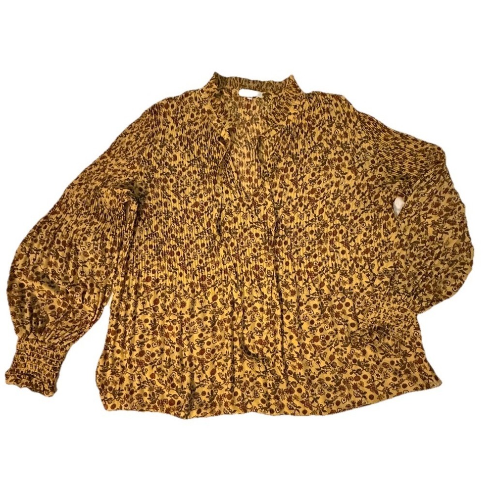 Max‎ Studio Women's Yellow Floral Pleated LongSleeve NeckTie Blouse XL Peasant